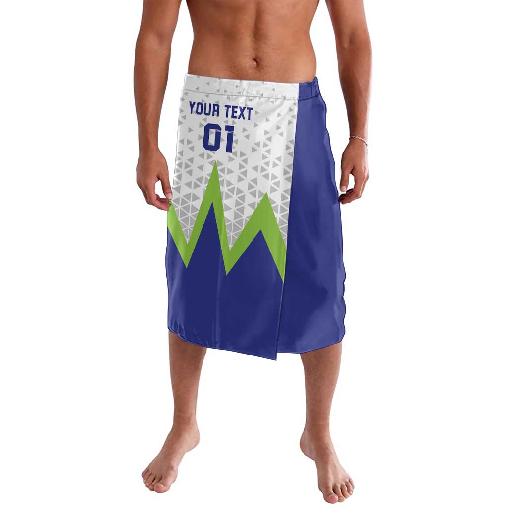 Custom football lavalava skirt with blue wrap and white printed panel, green accents