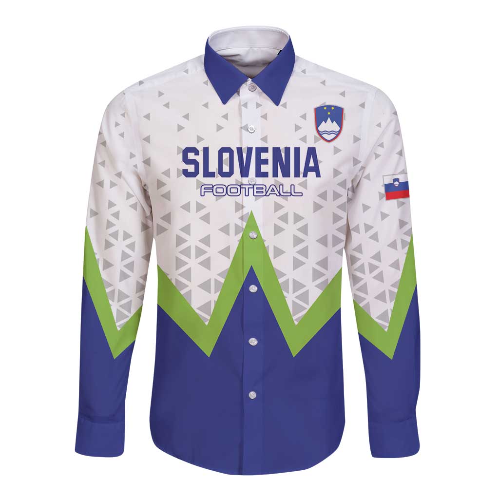 Long-sleeve football button shirt, white with blue/green zigzag and Slovenia text
