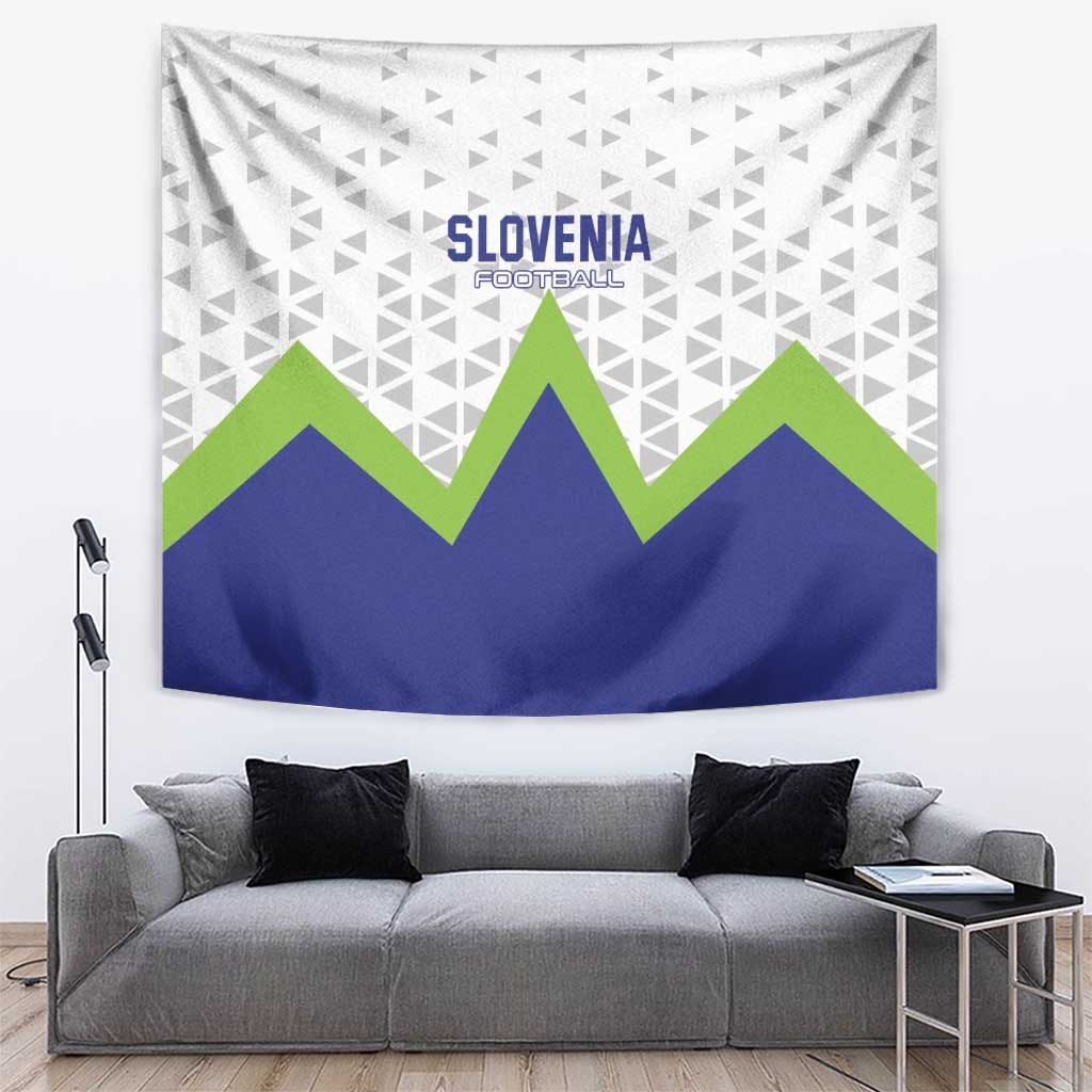 Slovenia football tapestry: white pattern with blue mountain and green peaks