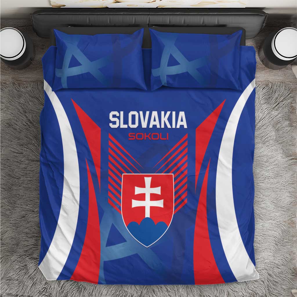 Blue duvet cover and pillowcases with Slovakia crest and red stripe graphics