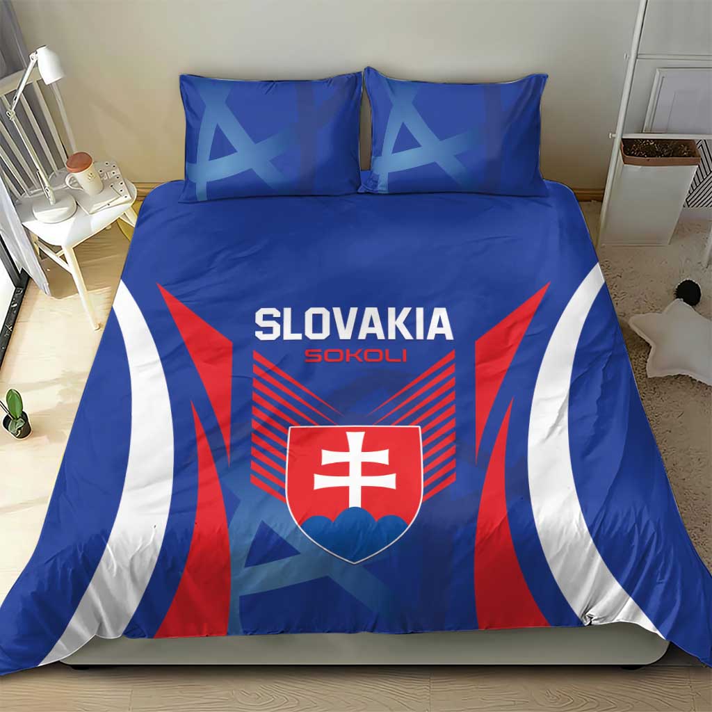 Blue duvet cover with Slovakia crest, red accents, and bold white curved stripes