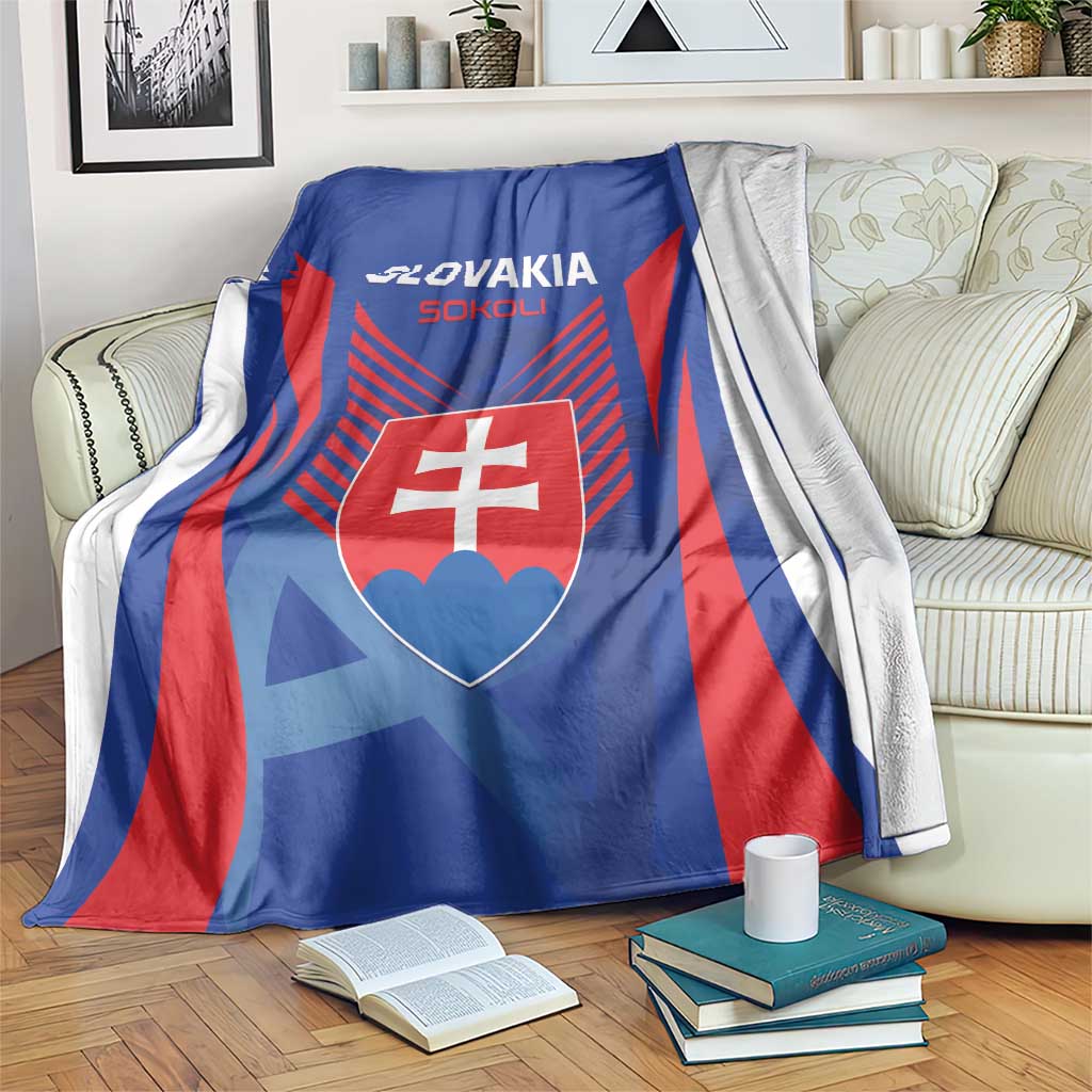Blue Slovakia football blanket with Slovak shield crest and red white graphics