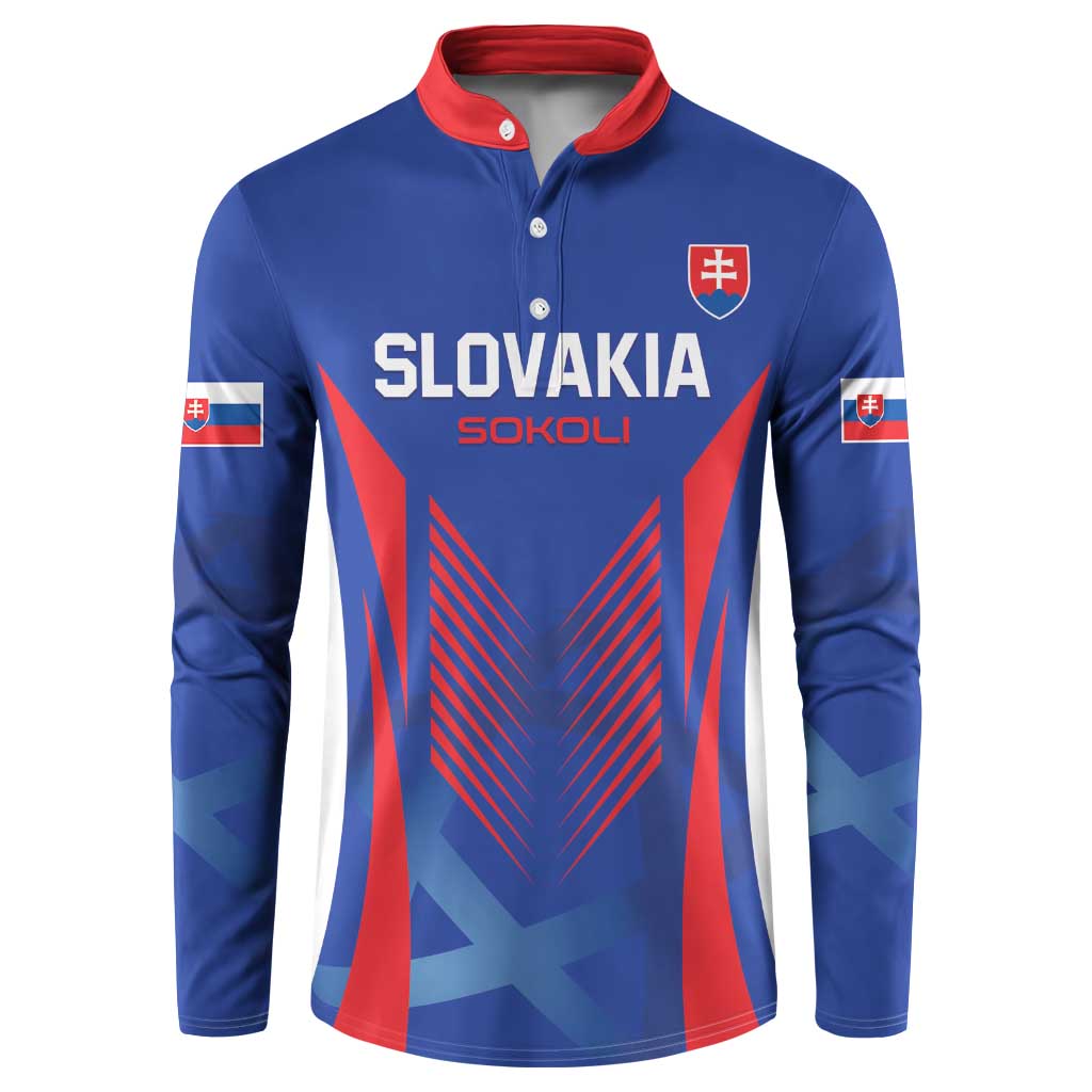Blue football button sweatshirt with red collar, front crest and Slovakia graphics