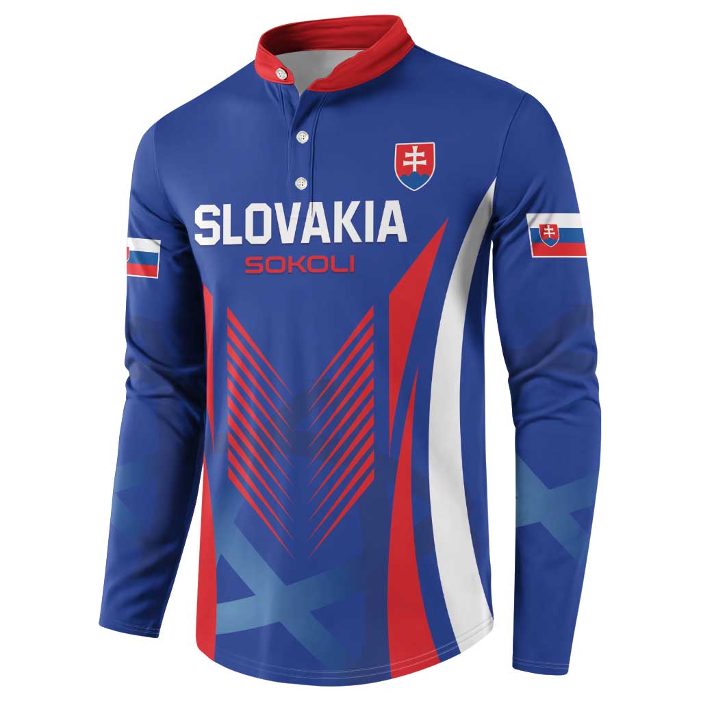 Blue football button sweatshirt with red collar, Slovakia SOKOLI text and crest