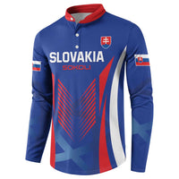 Blue football button sweatshirt with red collar, Slovakia SOKOLI text and crest