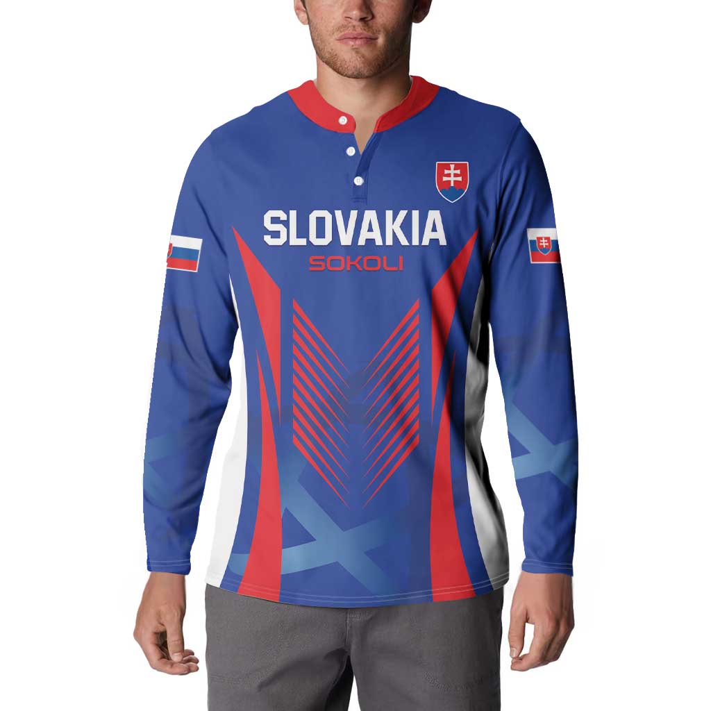 Blue football button sweatshirt with red collar, Slovakia SOKOLI front graphic and sleeve flags