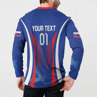 Blue football button sweatshirt back with YOUR TEXT 01, stripe shield design and crest