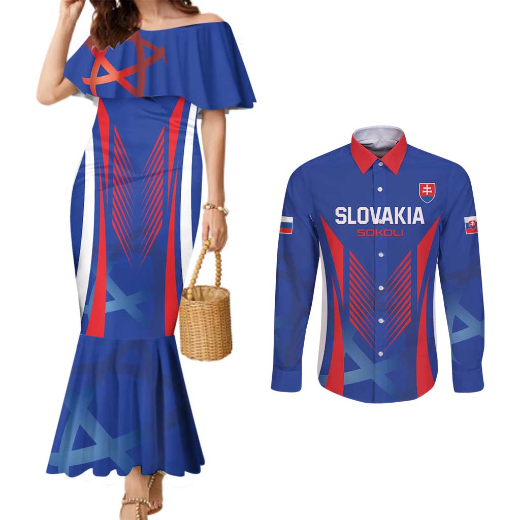 Custom Slovakia 2024 Football Couples Matching Mermaid Dress and Long Sleeve Button Shirt Slovenska Sokoli