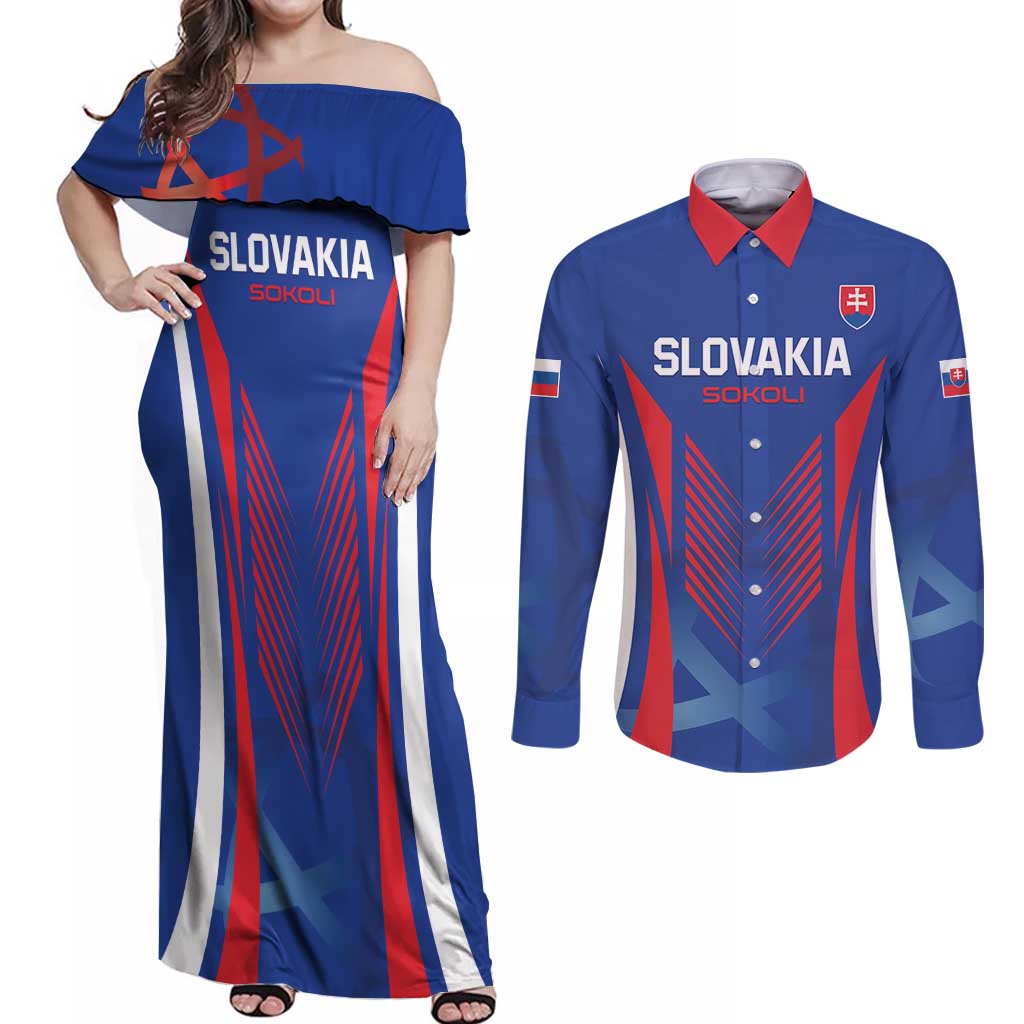 Custom Slovakia 2024 Football Couples Matching Off Shoulder Maxi Dress and Long Sleeve Button Shirt Slovenska Sokoli - Wonder Print Shop