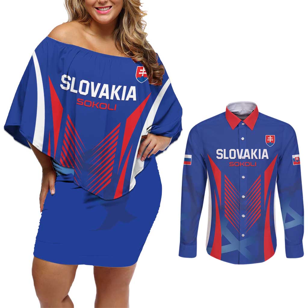 Custom Slovakia 2024 Football Couples Matching Off Shoulder Short Dress and Long Sleeve Button Shirt Slovenska Sokoli - Wonder Print Shop