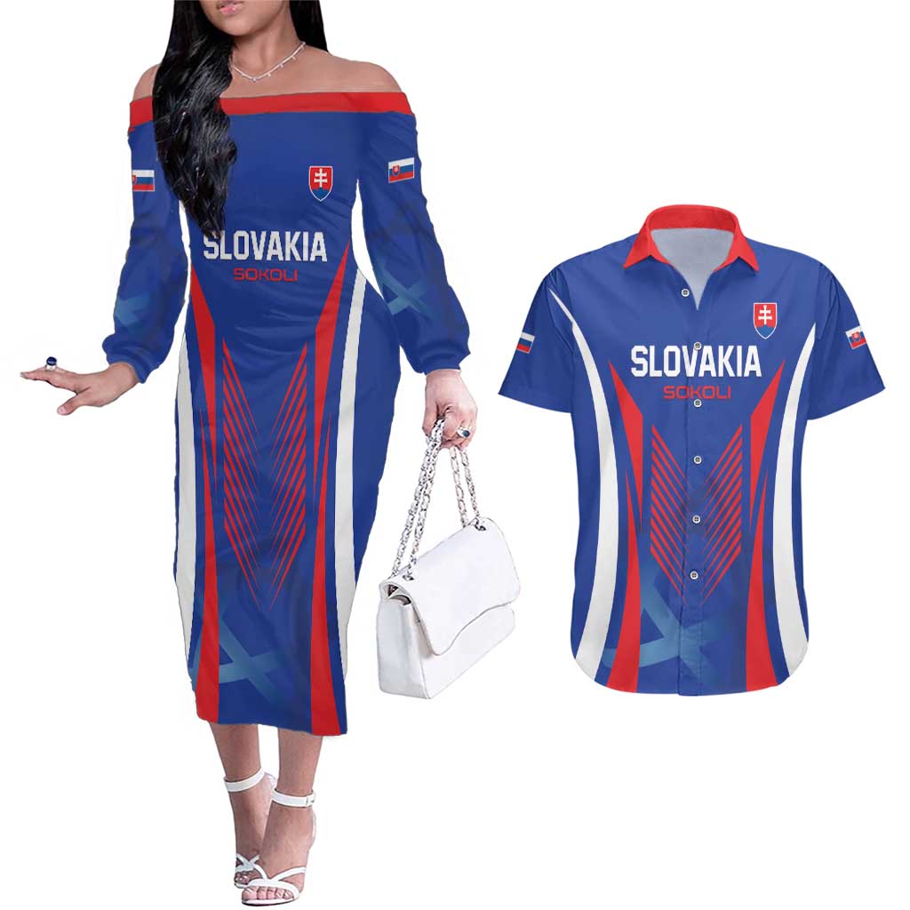 Custom Slovakia 2024 Football Couples Matching Off The Shoulder Long Sleeve Dress and Hawaiian Shirt Slovenska Sokoli - Wonder Print Shop