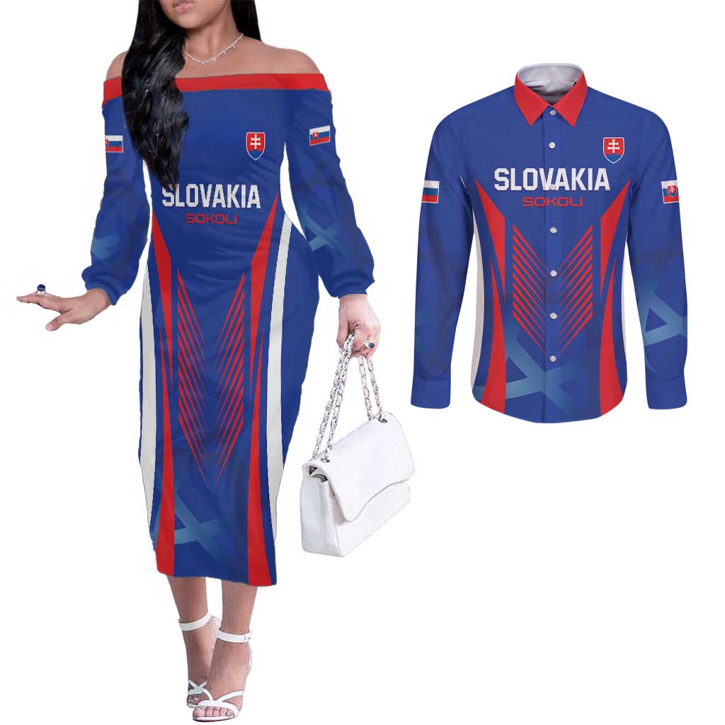 Custom Slovakia 2024 Football Couples Matching Off The Shoulder Long Sleeve Dress and Long Sleeve Button Shirt Slovenska Sokoli