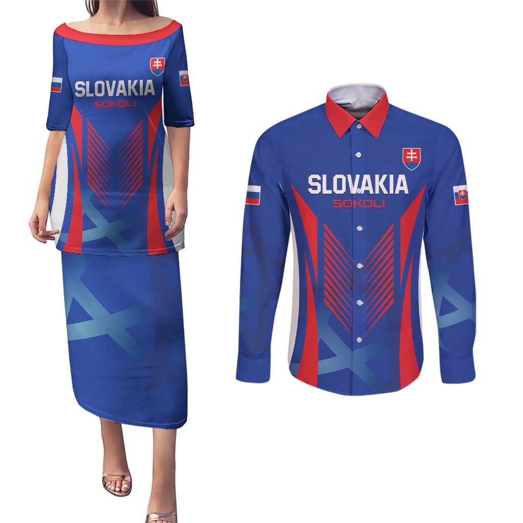 Custom Slovakia 2024 Football Couples Matching Puletasi and Long Sleeve Button Shirt Slovenska Sokoli - Wonder Print Shop