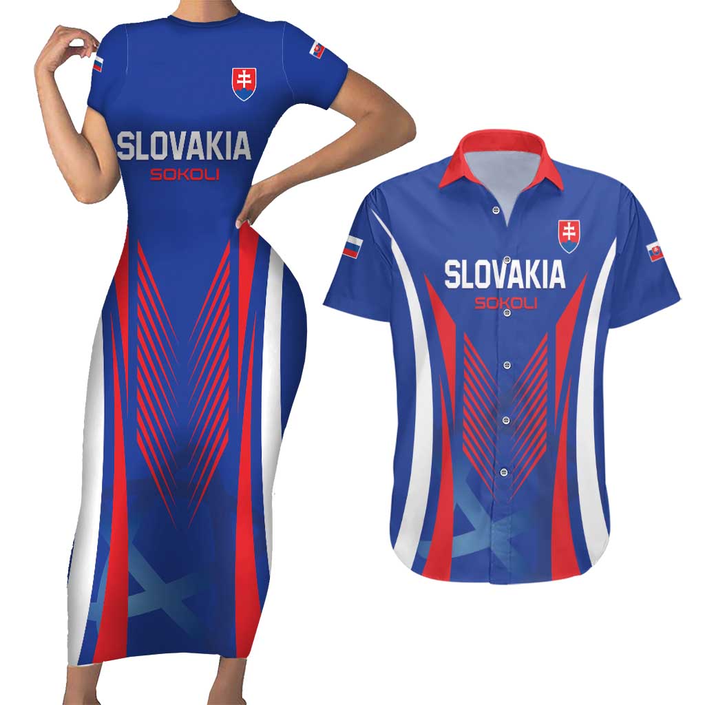 Custom Slovakia 2024 Football Couples Matching Short Sleeve Bodycon Dress and Hawaiian Shirt Slovenska Sokoli - Wonder Print Shop