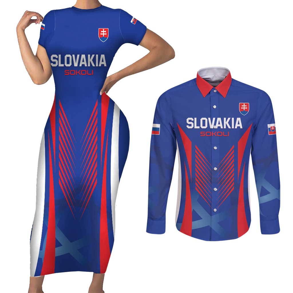 Custom Slovakia 2024 Football Couples Matching Short Sleeve Bodycon Dress and Long Sleeve Button Shirt Slovenska Sokoli - Wonder Print Shop