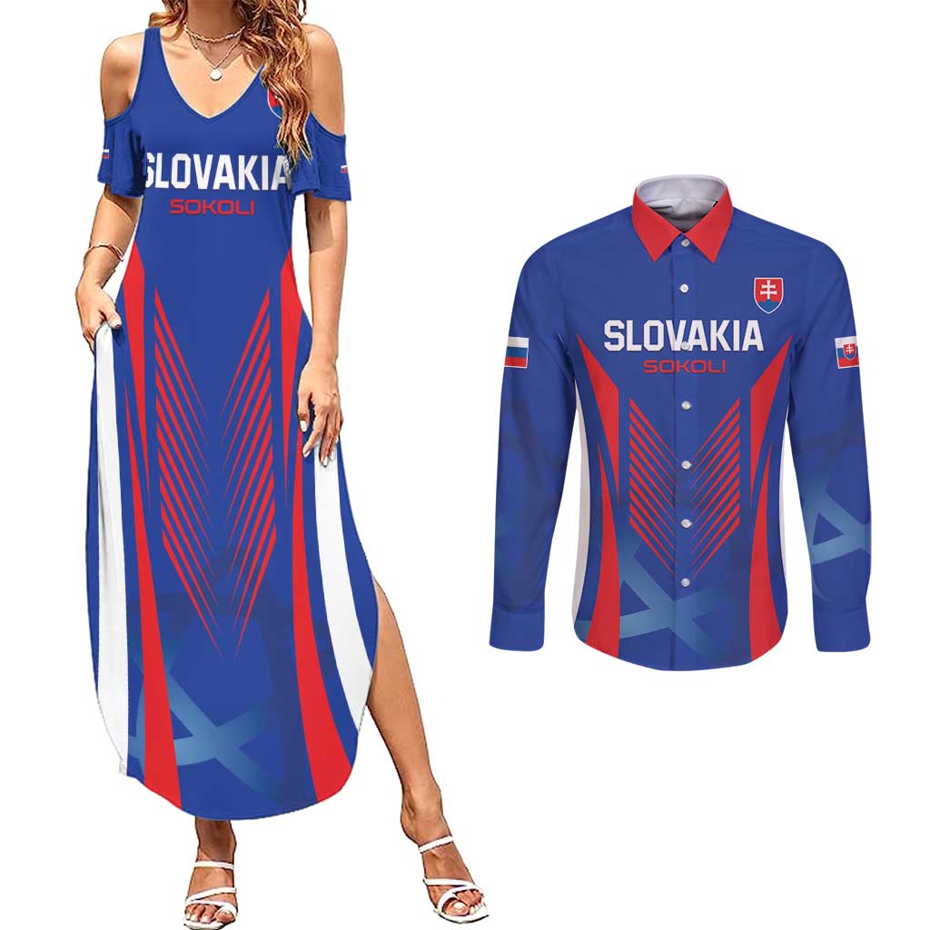 Custom Slovakia 2024 Football Couples Matching Summer Maxi Dress and Long Sleeve Button Shirt Slovenska Sokoli - Wonder Print Shop