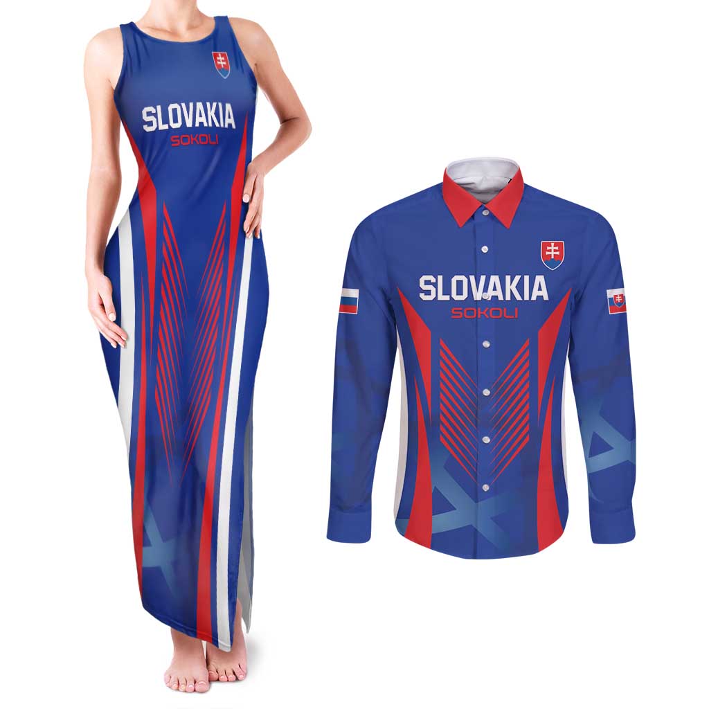 Custom Slovakia 2024 Football Couples Matching Tank Maxi Dress and Long Sleeve Button Shirt Slovenska Sokoli - Wonder Print Shop