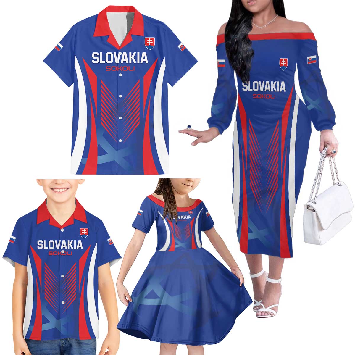 Custom Slovakia 2024 Football Family Matching Off The Shoulder Long Sleeve Dress and Hawaiian Shirt Slovenska Sokoli - Wonder Print Shop