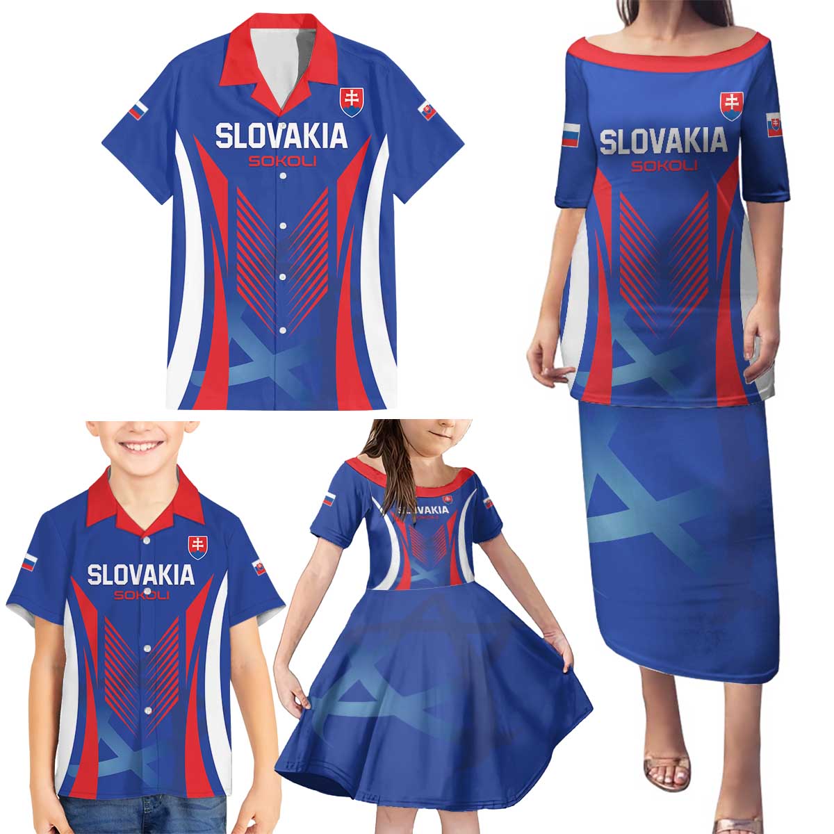 Custom Slovakia 2024 Football Family Matching Puletasi and Hawaiian Shirt Slovenska Sokoli - Wonder Print Shop