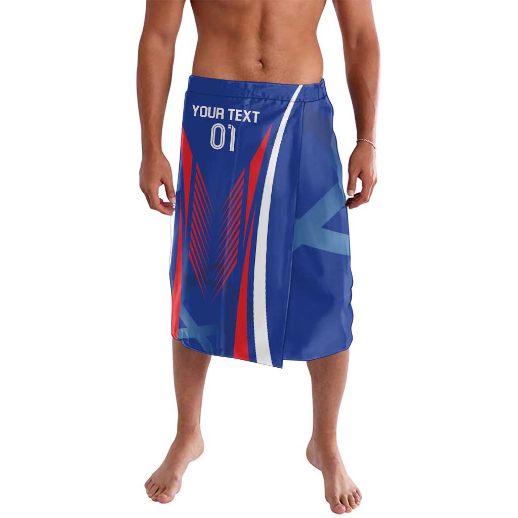 Blue football-style sarong wrap skirt with custom text graphic panel, front view