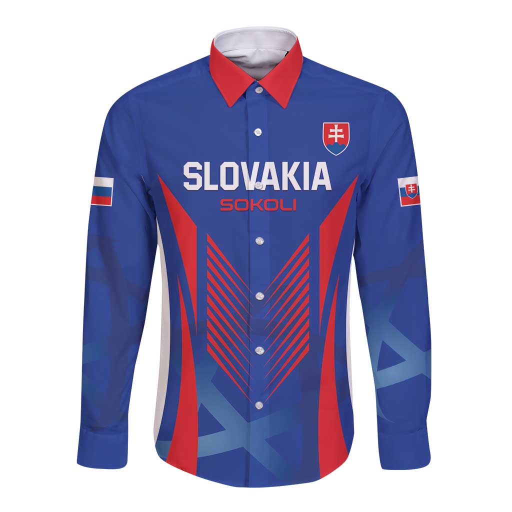 Blue long-sleeve button football shirt with red collar, Slovakia SOKOLI graphic and crest