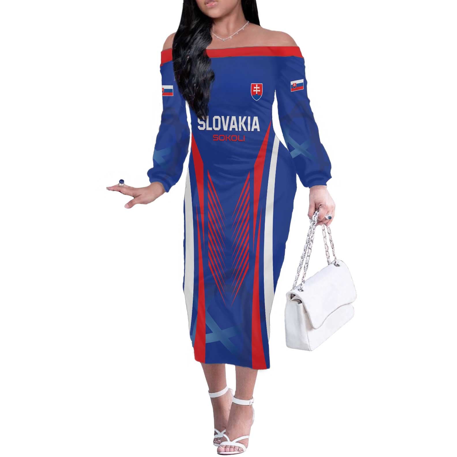 Custom Slovakia 2024 Football Off The Shoulder Long Sleeve Dress Slovenska Sokoli - Wonder Print Shop