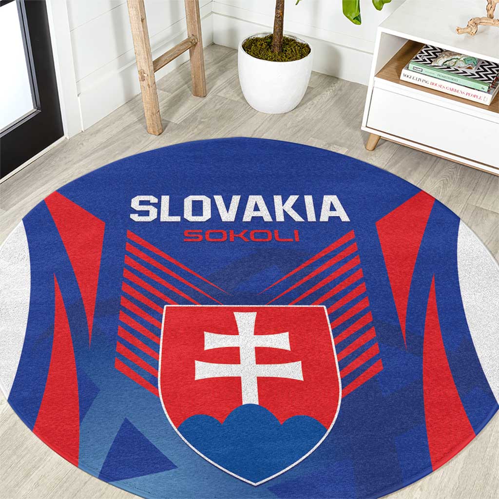 Blue round football-style rug with Slovakia crest and red/white shield graphic
