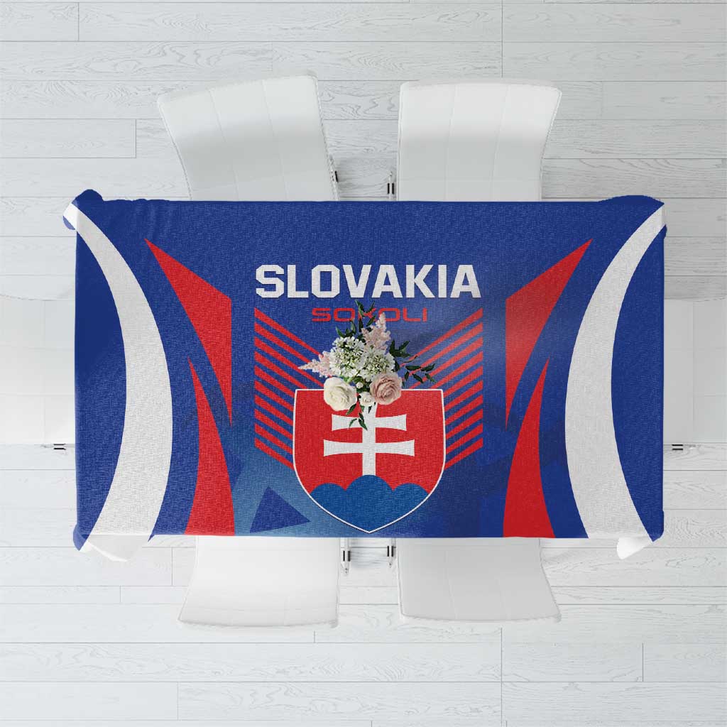 Blue football tablecloth with Slovakia crest and red stripe graphic on white trim