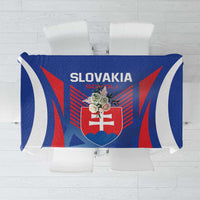 Blue football tablecloth with Slovakia crest and red stripe graphic on white trim