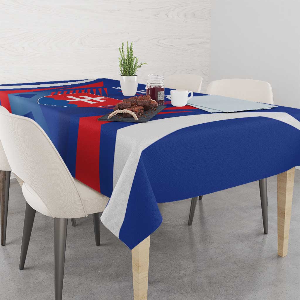 Blue football tablecloth with Slovakia crest and red stripe design on dining table