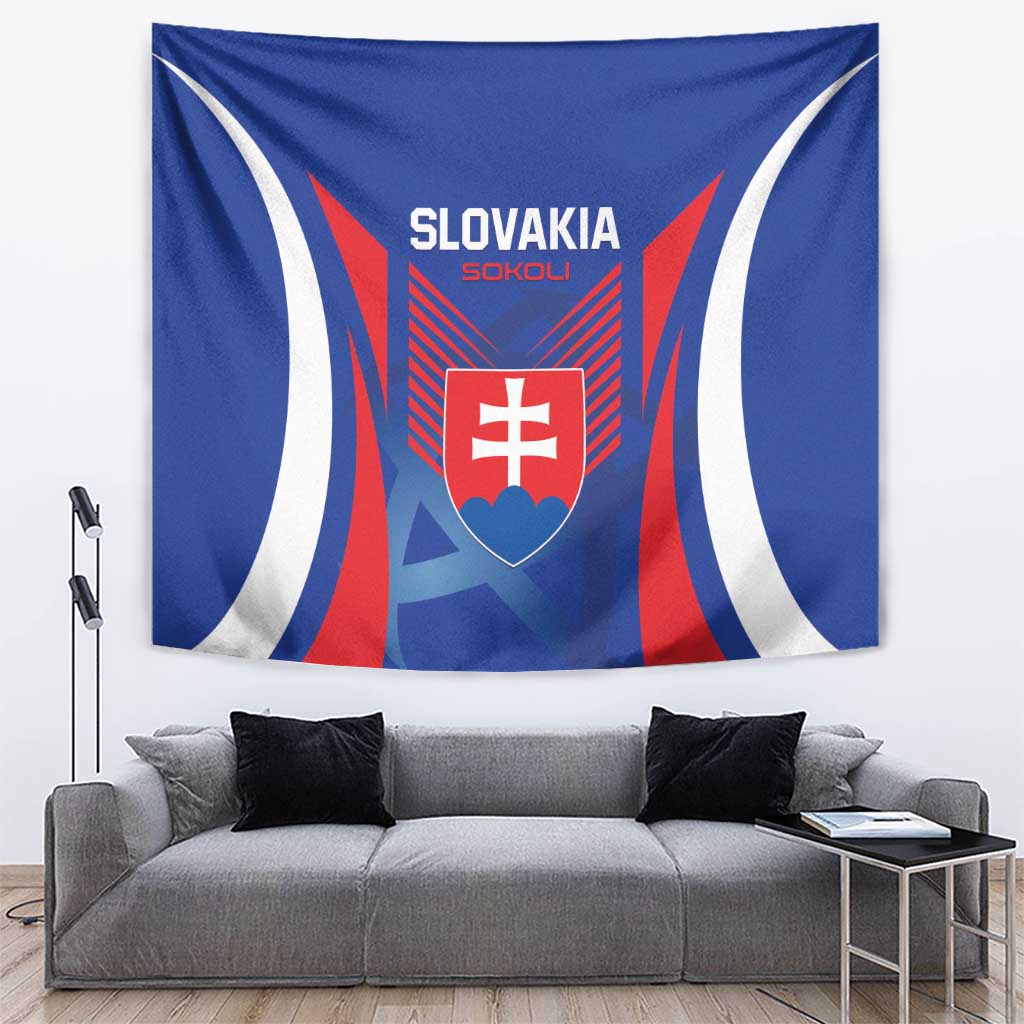 Blue Slovakia football tapestry with white wave stripes and red shield crest