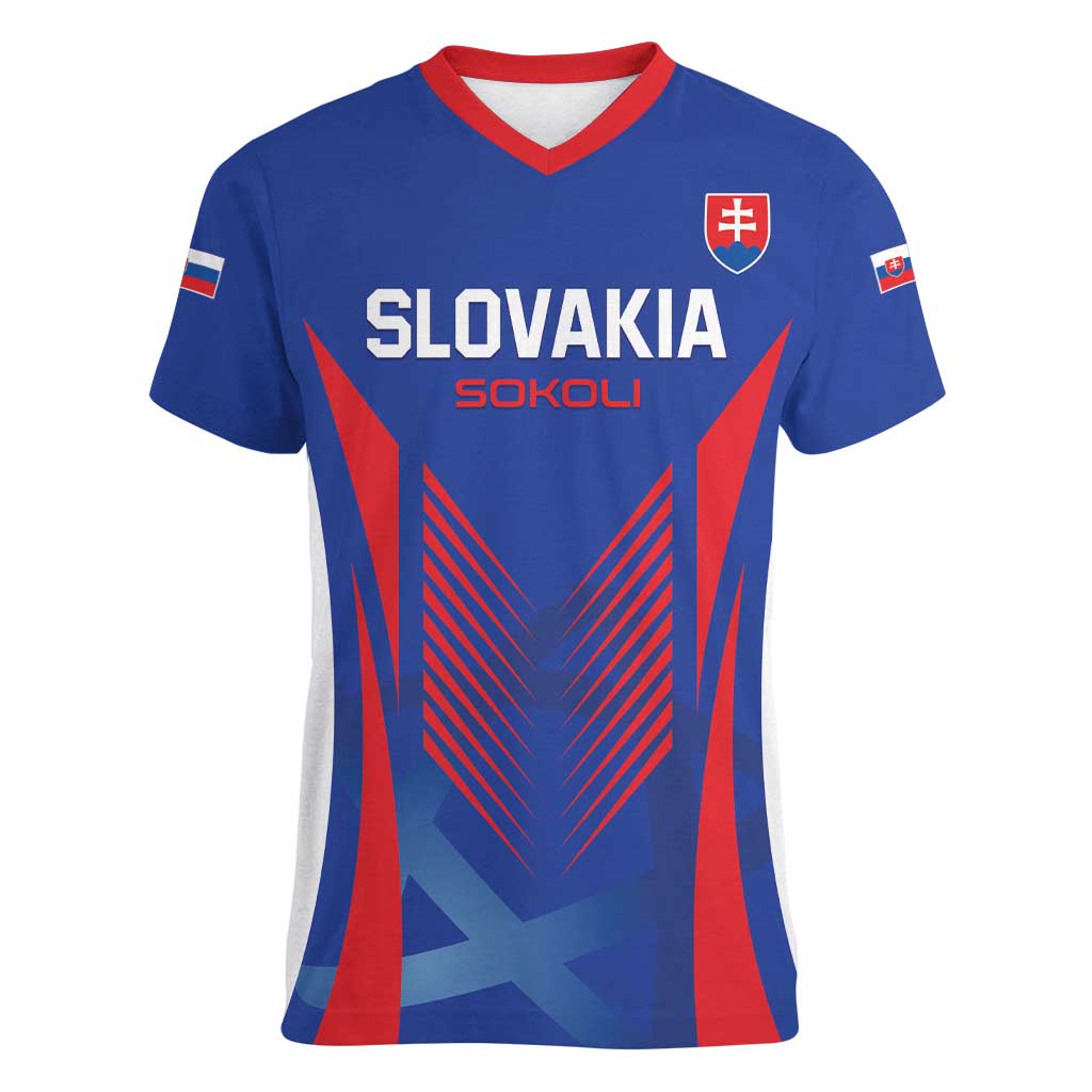 Custom Slovakia 2024 Football Women V-Neck T-Shirt Slovenska Sokoli - Wonder Print Shop