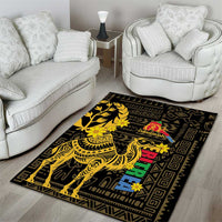 Black area rug with gold camel design and decorative geometric detailing