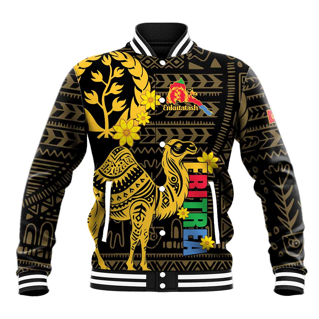 Black baseball jacket with front button placket, striped collar, camel African pattern