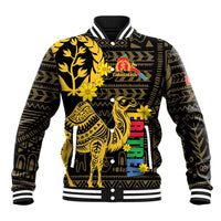 Black baseball jacket with front button placket, striped collar, camel African pattern