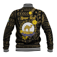 Black baseball jacket with striped ribbed collar and back camel African pattern