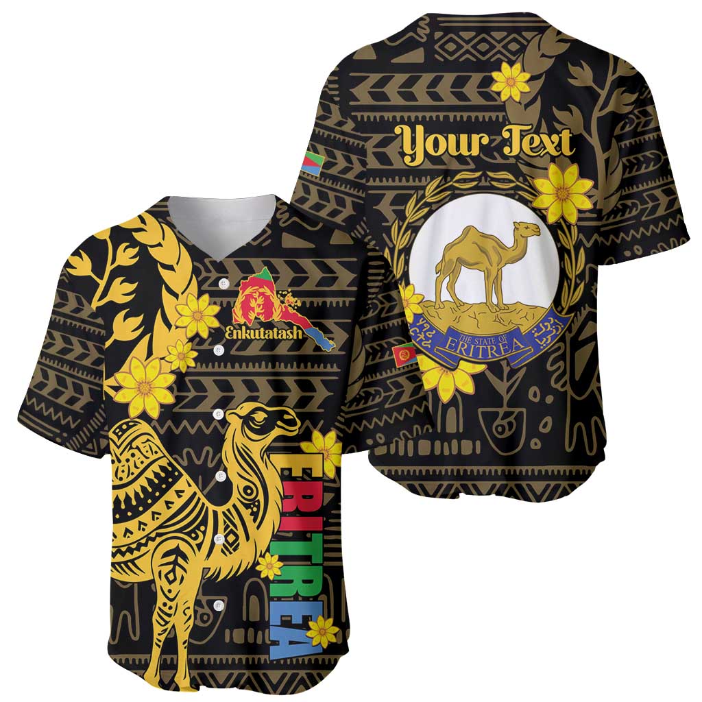 Two-piece view of black baseball jersey set: Enkutatash front and Your Text back with camel