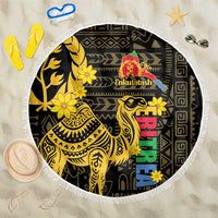 Round beach blanket with black and gold camel and geometric pattern, fringed edge