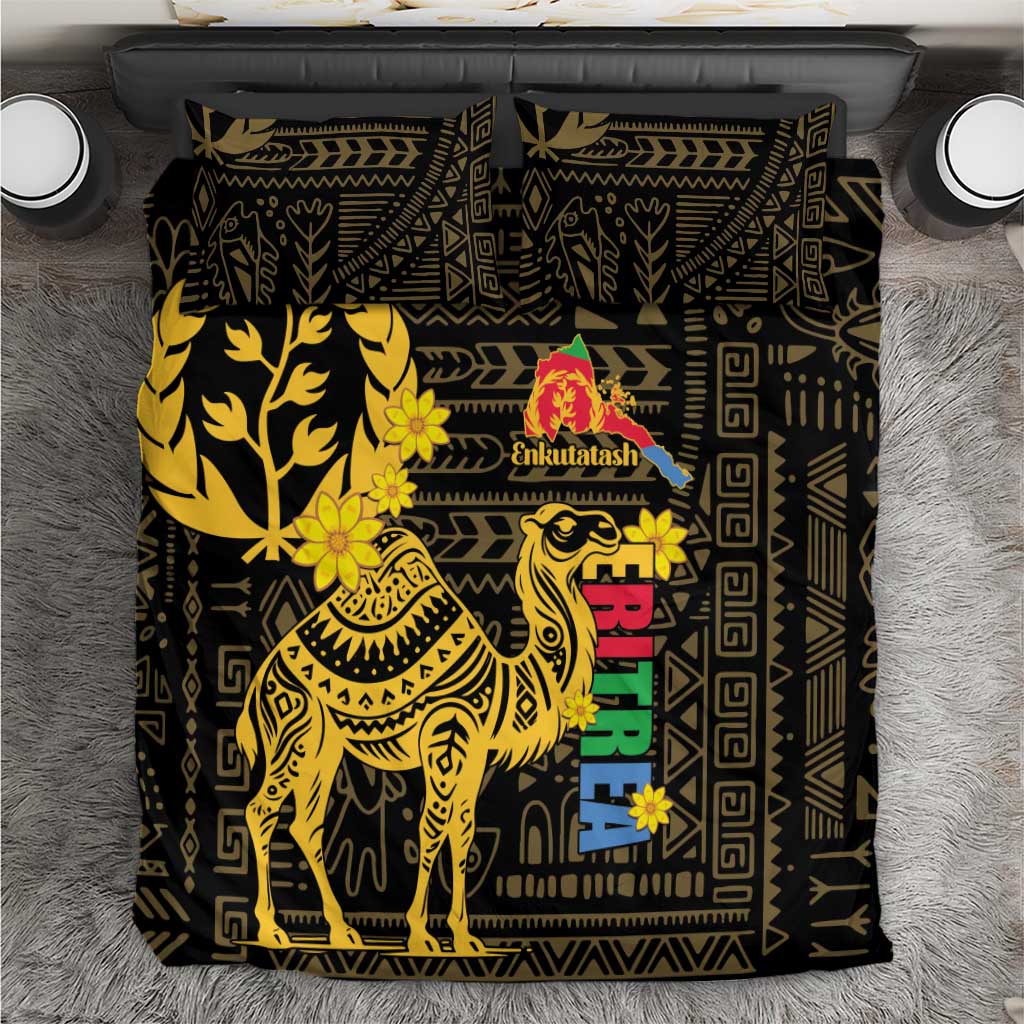 Black duvet cover bedding set with gold camel, flowers, and multicolor vertical text