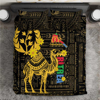Black duvet cover bedding set with gold camel, flowers, and multicolor vertical text