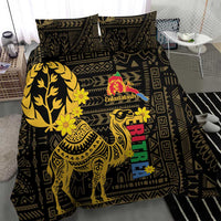 Black duvet cover bedding set with gold camel, flowers, and central Enkutatash logo