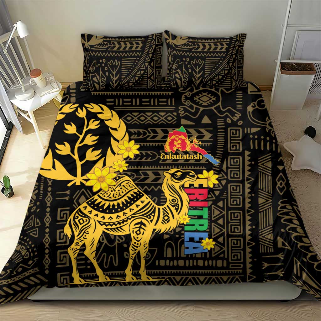 Black bedding set with gold camel and floral pattern on bed with two matching pillows