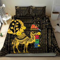Black bedding set with gold camel and floral pattern on bed with two matching pillows