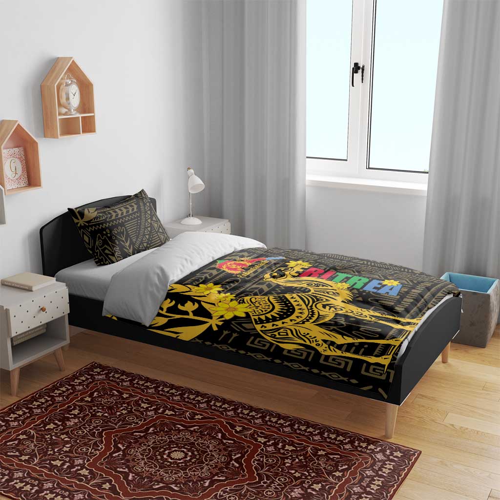 Black duvet cover bedding set with gold camel and floral design on bed