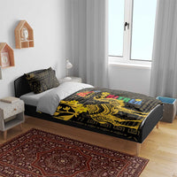 Black duvet cover bedding set with gold camel and floral design on bed