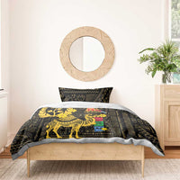 Black duvet bedding set with gold camel and floral motif with multicolor vertical letters
