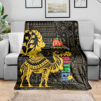 Black blanket with gold camel illustration, geometric borders, multicolor vertical design and flowers