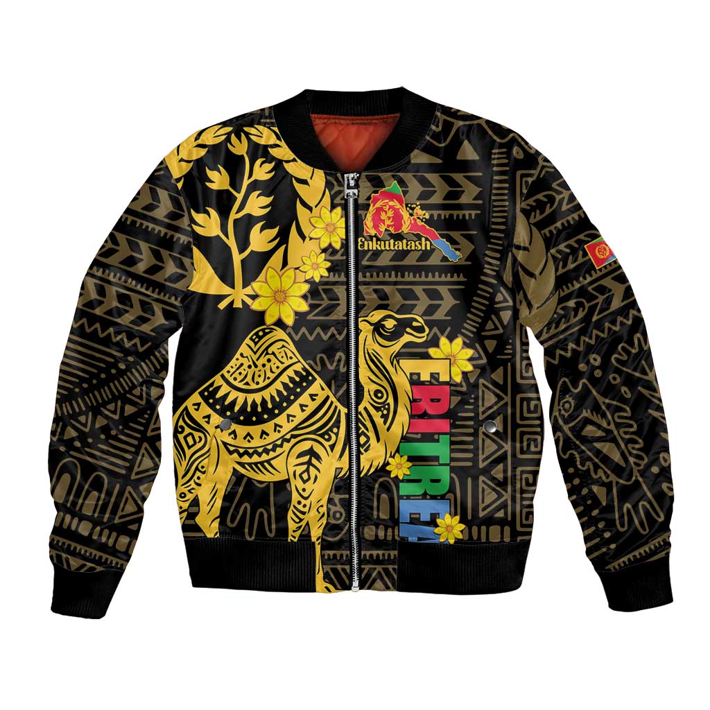 Unisex black bomber jacket with gold Eritrean-style pattern and camel graphic, ribbed cuffs