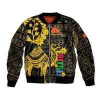Unisex black bomber jacket with gold Eritrean-style pattern and camel graphic, ribbed cuffs