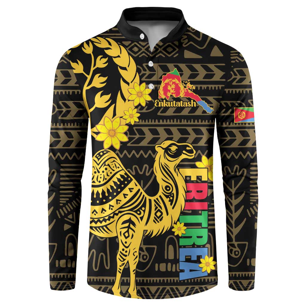 Black button-up sweatshirt with gold camel graphic, colorful Eritrea-themed vertical text